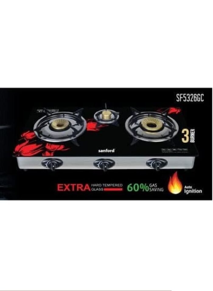 ⁦موقد غاز زجاج سطحي بثلاثة شعلات سانفورد SF5326GC C⁩ - الصورة ⁦2⁩