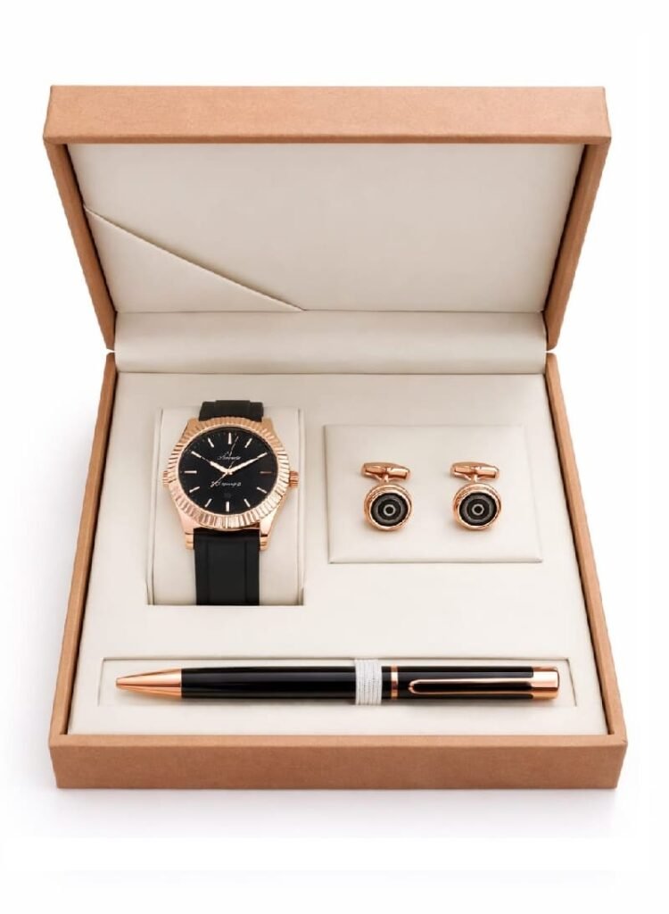 طقم ساعة رجالي جلد