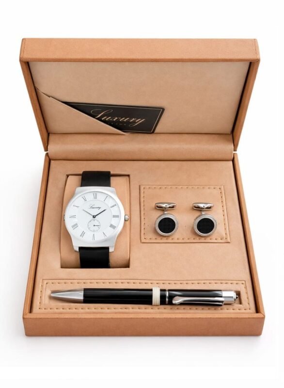 طقم ساعة رجالي جلد