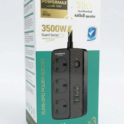 توصيلة كهرباء POWERMAX MX51 الذكية بقدرة 52 واط وسلك 3 متر مع 4 منافذ شحن سريع.