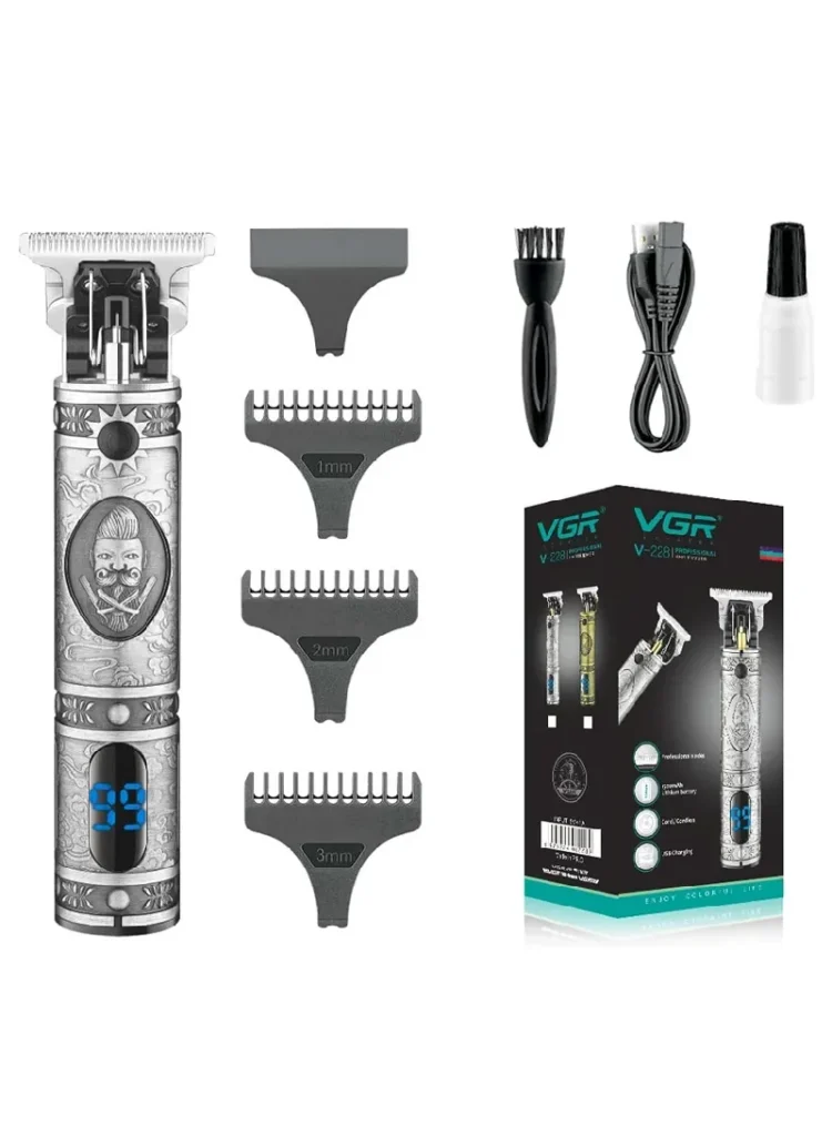 ماكينة حلاقة وتحديد VGR V-228 الفضية المحفورة شاشة رقمية وتحديد احترافي